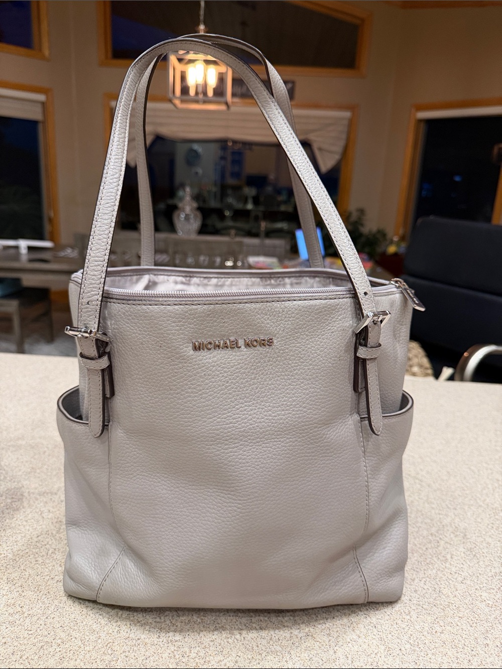 Michael Kors Pebbled Leather Shoulder Tote in Light Gray